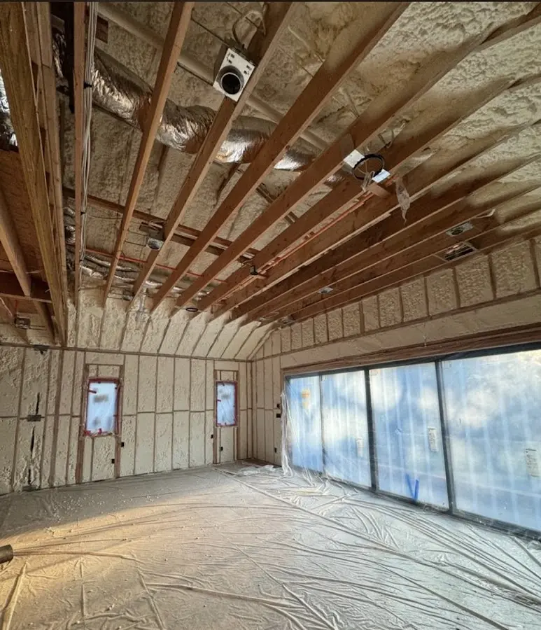 Interior walls and ceiling insulated with spray foam during new construction in Eldersburg